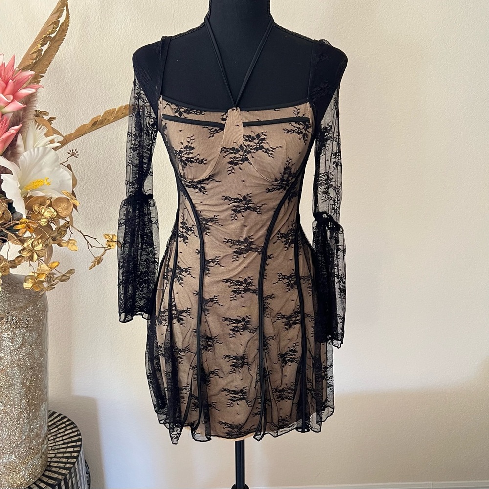 Whimsygoth Black Lace Overlay Fitted Mini Dress with Lace Bell Sleeves NWT - Picture 1 of 10